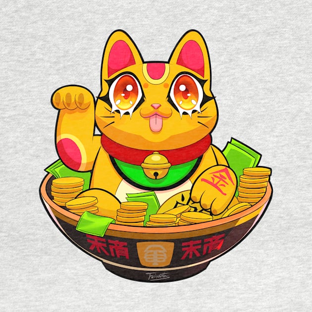 Cute Maneki Neko Ramen T-Shirt 4 by felixantosart